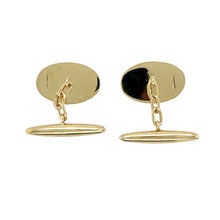 Load image into Gallery viewer, Add a touch of sophistication to your collection with these pre-owned 9ct yellow gold oval cufflinks, featuring:

Design: Classic oval-shaped cufflinks, offering a timeless and elegant look.
Material: 9-carat yellow gold, providing a warm and refined finish.
Weight: A well-balanced 3.80 grams, ensuring a comfortable yet durable feel.
A distinguished accessory, perfect for formal occasions or adding a refined touch to any suit.
