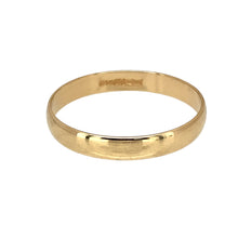 Load image into Gallery viewer, Add a timeless and elegant piece to your jewellery collection with this pre-owned 9ct yellow gold D-shape 3mm wedding band ring, featuring:

Design: A classic D-shape wedding band, with a gently rounded exterior and a flat interior for a comfortable fit.
Material: 9-carat yellow gold, offering a warm and enduring appeal.
Size &amp; Weight: Designed in size Q to R, with a lightweight yet durable 1.30 grams for everyday wear.
Band Width: Measures 3mm wide, making it a sleek and refined piece.
A perfect choice as 
