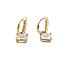 Load image into Gallery viewer, Add a touch of sparkle and sophistication to your jewellery collection with these pre-owned 14ct yellow gold &amp; cubic zirconia set square drop earrings, featuring:

Design: Elegant square drop earrings, showcasing a timeless and refined look.
Material: 14-carat yellow gold, offering a rich and luxurious finish.
Gemstones: Each earring is set with a 6mm by 6mm cubic zirconia, adding brilliant sparkle and elegance.

