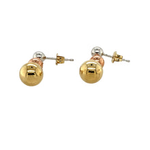 Load image into Gallery viewer, Add a touch of elegance and versatility to your jewellery collection with these pre-owned 9ct yellow, rose, and white gold three-ball stud drop earrings, featuring:

Design: Stylish three-ball drop earrings, showcasing a beautiful mix of yellow, rose, and white gold for a unique tri-tone effect.
Material: 9-carat gold, offering a warm and timeless appeal in three distinct shades.
Weight: A lightweight 1 gram, ensuring comfortable wear for any occasion.
A delicate and sophisticated accessory
