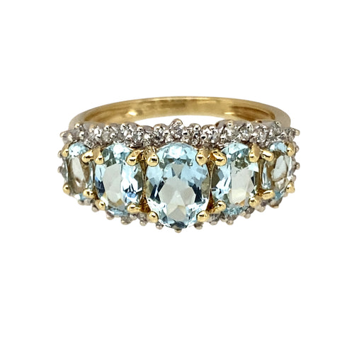 9ct Gold Diamond & Aquamarine Set Five Stone Halo Ring