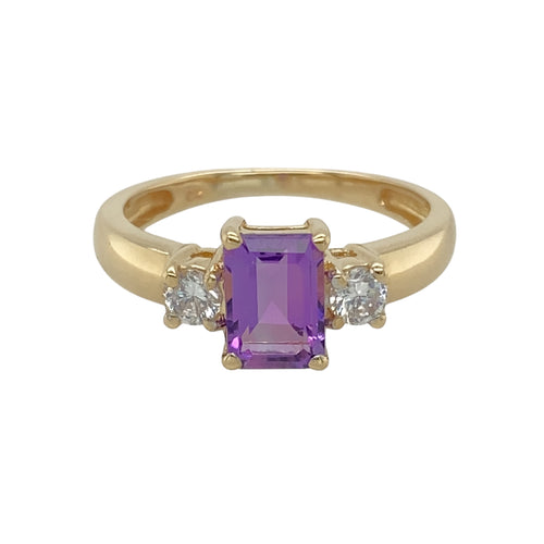 9ct Gold Amethyst & Cubic Zirconia Set Trilogy Ring