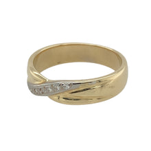 Load image into Gallery viewer, Add a touch of sophistication to your jewellery collection with this pre-owned 9ct yellow and white gold and diamond set crossover band ring.

Design: A modern crossover design featuring sparkling diamonds, set against the contrasting yellow and white gold for a refined and elegant look.
Material: Made from 9-carat yellow and white gold, offering a polished finish that beautifully highlights the diamond accents.
Size &amp; Weight: Weighing 3.60 grams, this ring is size N, with the band measuring 5mm
