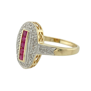 Add vintage glamour to your jewellery collection with this pre-owned 9ct yellow and white gold Art Deco style ring, featuring:

Design: An eye-catching Art Deco inspired design with geometric elegance and a striking contrast of gold tones.
Material: A combination of 9-carat yellow and white gold, blending warmth with a sleek, polished finish.
Gemstone Detail: A central line of five vibrant rubies, each approximately 2mm in diameter, framed by glittering diamond accents for added brilliance.
