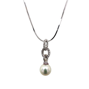 18ct White Gold Diamond & Pearl Set Drop 18" Necklace