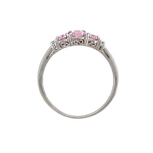 Load image into Gallery viewer, 9ct White Gold Pink Stone &amp; Cubic Zirconia Set Trilogy Ring
