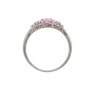 9ct White Gold Pink Stone & Cubic Zirconia Set Trilogy Ring