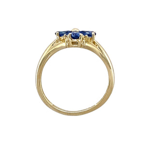 9ct Gold Diamond & Cornflower Blue Stone Set Flower Ring