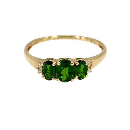 9ct Gold Diamond & Green Stone Trilogy Ring