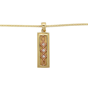 Preowned 9ct Yellow and Rose Gold & Diamond Set Celtic Clogau Ingot Pendant on an 18" Clogau curb chain with the weight 10.10 grams. The pendant is 3.2cm long including the bail and there is approximately 6pt of diamond content. The pendant is a limited edition