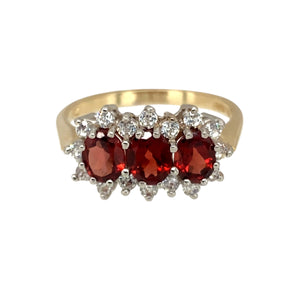 9ct Gold Garnet & Cubic Zirconia Set Trilogy Cluster Ring