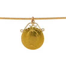 Load image into Gallery viewer, Preowned 9ct Yellow Gold and 22ct Gold Coin Pendant on an 18&quot; curb chain with the weight total weight 15 grams. The pendant is made up of a 9ct gold mount/bail and the 22ct gold coin. The pendant is 3.6cm long including the mount and bail
