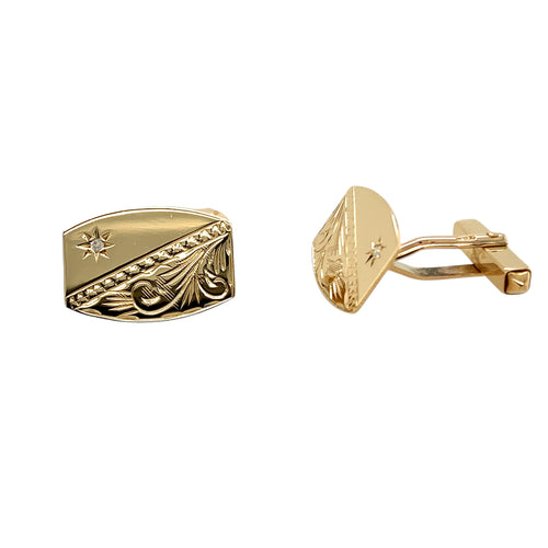 9ct Gold & Diamond Set Engraved Patterned Cufflinks