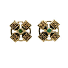 Load image into Gallery viewer, Preowned 9ct Yellow Gold &amp; Green Stone Celtic Stud Earrings with the weight 2.80 grams. The green stones are each approximately 2mm diameter
