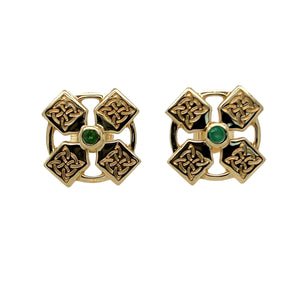 Preowned 9ct Yellow Gold & Green Stone Celtic Stud Earrings with the weight 2.80 grams. The green stones are each approximately 2mm diameter