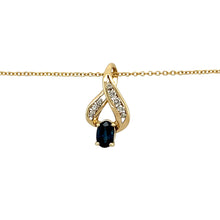 Load image into Gallery viewer, Preowned 9ct Yellow Gold Diamond &amp; Sapphire Set Swirl Pendant on an adjustable 16&quot; - 18&quot; belcher chain with the weight 2.40 grams. The sapphire stone is 6mm by 4mm and the pendant is 1.9cm long
