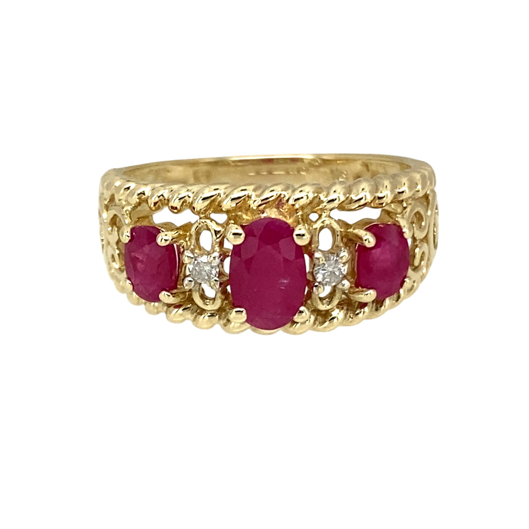 9ct Gold Diamond & Ruby Set Fancy Band Ring