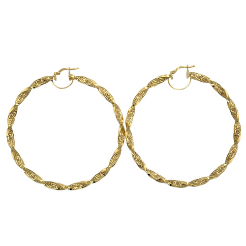 New 9ct Gold 67mm Greek Key Twisted Creole Hoop Earrings