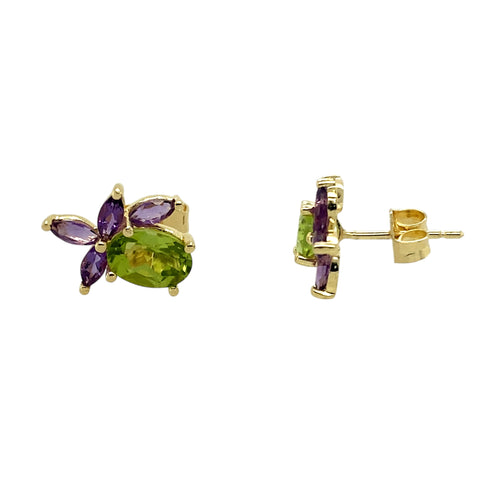 9ct Gold Amethyst & Peridot Set Flower Cluster Stud Earrings