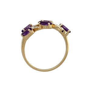 9ct Gold Diamond & Amethyst Set Leaf Style Band Ring