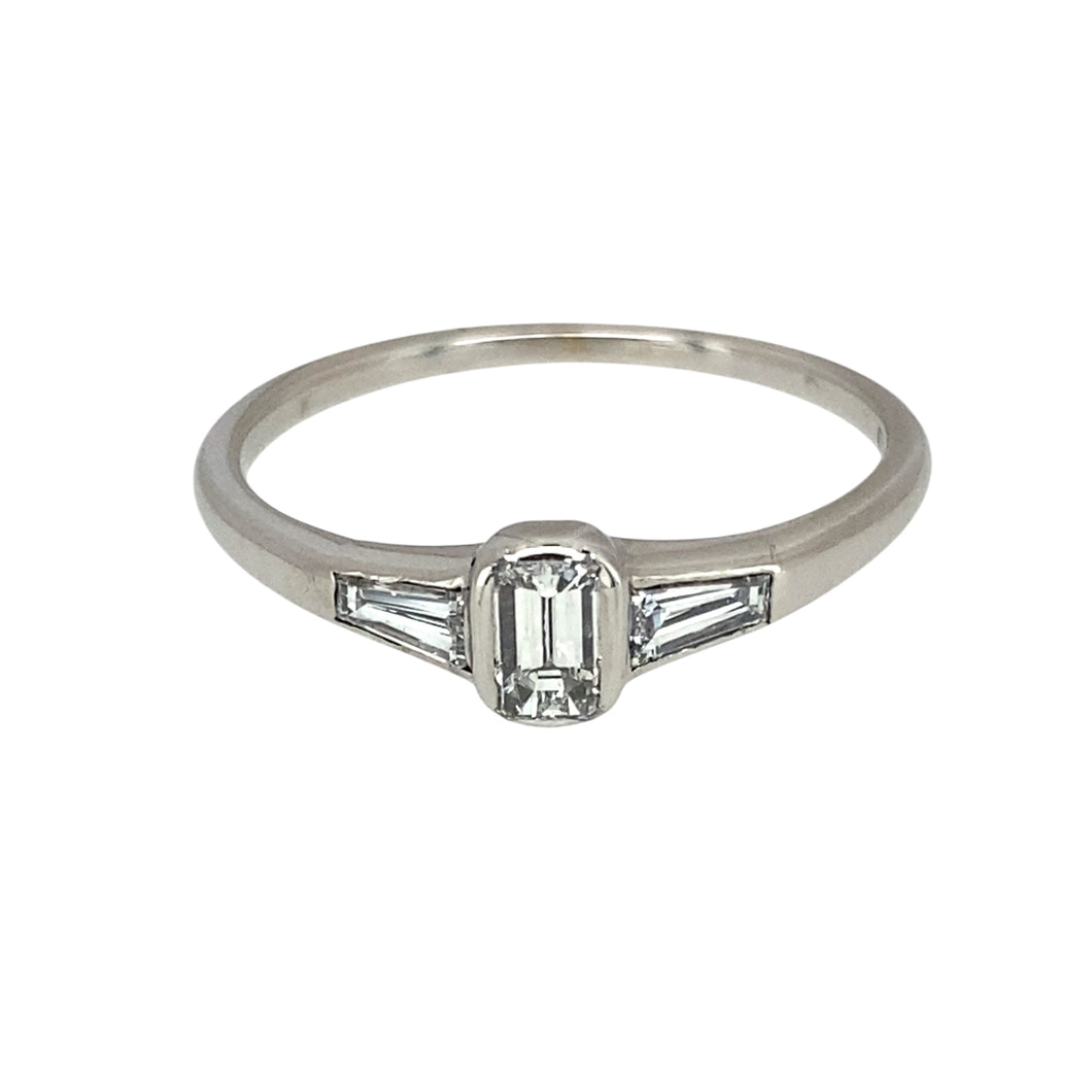 18ct White Gold & Diamond Set Emerald Cut Solitaire Ring