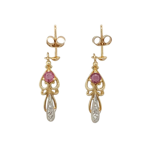 9ct Gold Diamond & Pink Stone Set Drop Earrings