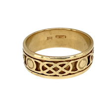 Load image into Gallery viewer, Preowned 9ct Yellow Gold Celtic Knot Band Ring in size M with the weight 3.19 grams. The band is 6mm wide
