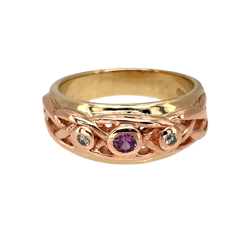 9ct Gold Diamond & Pink Stone Set Clogau Celtic Ring