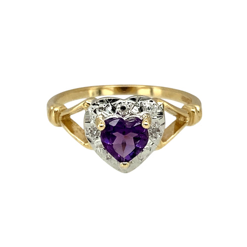 9ct Gold Diamond & Amethyst Set Heart Ring