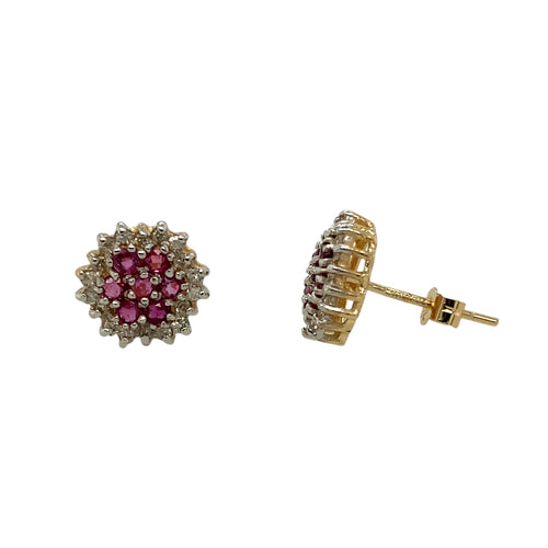 9ct Gold Diamond & Ruby Set Cluster Stud Earrings