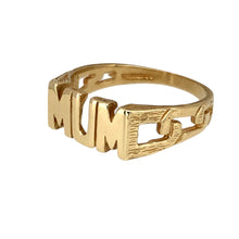 Load image into Gallery viewer, Preowned 9ct Yellow Gold Mum Ring in size L to M with the weight 2.04 grams. The front of the ring is 6mm high and the shoulders are patterned and open curb style
