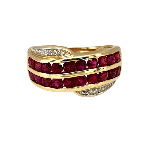 9ct Gold Diamond & Ruby Set Double Row Swirl Band Ring