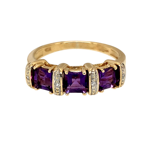 9ct Gold Diamond & Amethyst Set Band Ring