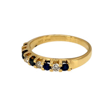 Load image into Gallery viewer, Preowned 18ct Yellow Gold Diamond &amp; Sapphire Set Band Ring in size M with the weight 2.80 grams. The sapphire stones are each 2mm diameter
