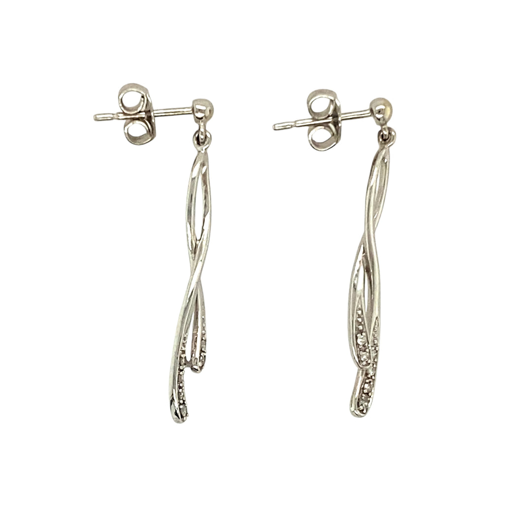 9ct White Gold & Diamond Set Swirl Drop Earrings