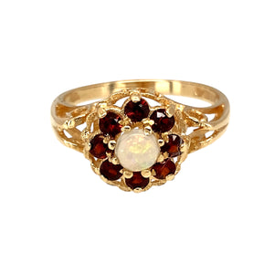 9ct Gold Garnet & Opalique Set Flower Cluster Ring