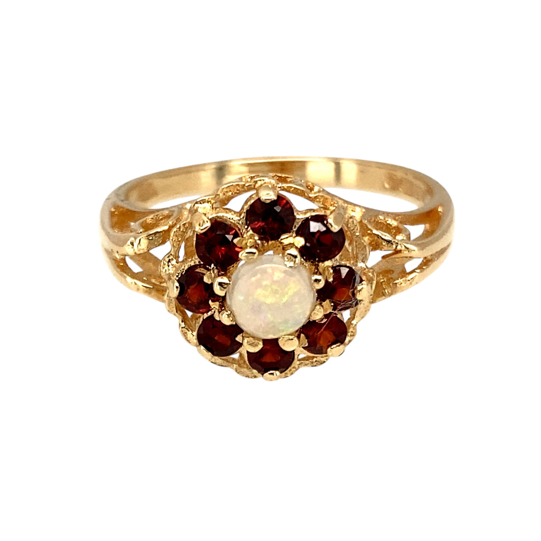 9ct Gold Garnet & Opalique Set Flower Cluster Ring