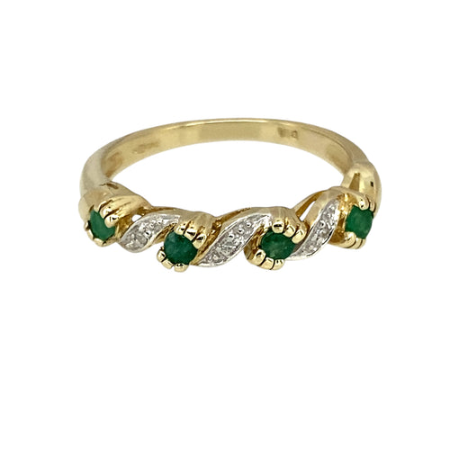 9ct Gold Diamond & Emerald Set Twist Style Band Ring