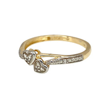 Load image into Gallery viewer, Preowned 9ct Yellow and White Gold &amp; Diamond Set Double Heart Wrap Around Ring in size O with the weight 1.40 grams. The front of the ring is approximately 7mm high
