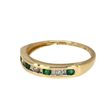 Load image into Gallery viewer, Preowned 9ct Yellow and White Gold Diamond &amp; Emerald Set Band Ring in size M with the weight 1.60 grams. The emerald stones are each 2mm diameter
