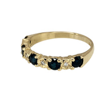 Load image into Gallery viewer, Preowned 9ct Yellow Gold Diamond &amp; Sapphire Set Band Ring in size O with the weight 2 grams. The sapphire stones are each 3mm diameter
