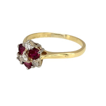 Load image into Gallery viewer, Preowned 18ct Yellow and White Gold Diamond &amp; Ruby Set Cluster Ring in size J with the weight 1.90 grams. The ruby stones are each 3mm diameter
