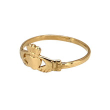 Load image into Gallery viewer, Preowned 9ct Yellow Gold Claddagh Ring in size J with the weight 0.70 grams. The front of the ring is 7mm high
