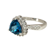 Load image into Gallery viewer, Preowned 9ct White Gold Diamond &amp; Blue Topaz Set Halo Style Ring in size K with the weight 2.80 grams. The blue topaz stone is 8mm by 8mm by 8mm
