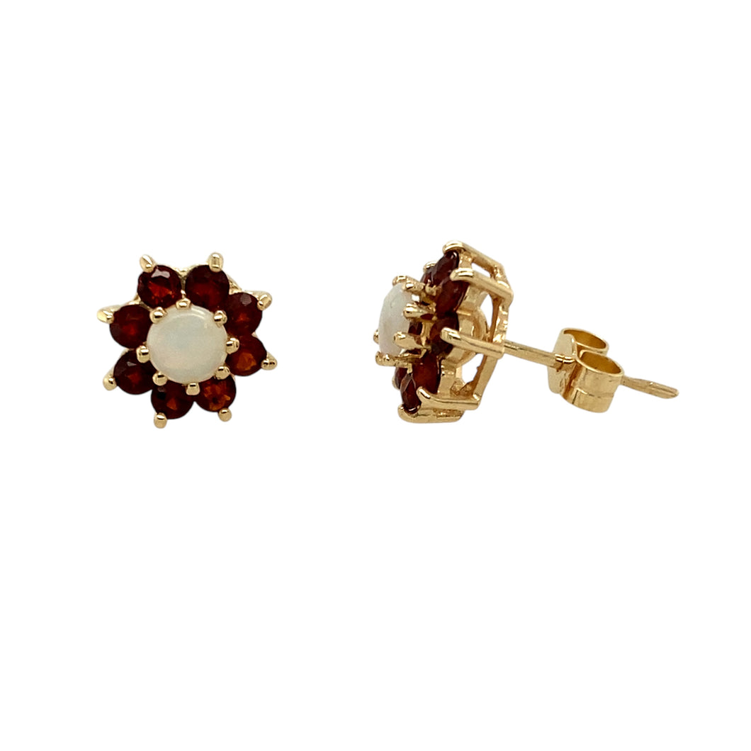 9ct Gold Opal & Garnet Set Cluster Stud Earrings