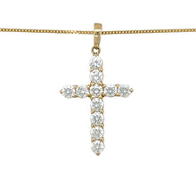 Load image into Gallery viewer, Preowned 14ct Yellow Gold &amp; Cubic Zirconia Set Cross Pendant on an 18&quot; fine curb chain with the weight 2.50 grams. The pendant is 3cm long including the bail and the stones are each 3mm diameter
