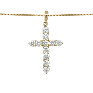 Preowned 14ct Yellow Gold & Cubic Zirconia Set Cross Pendant on an 18" fine curb chain with the weight 2.50 grams. The pendant is 3cm long including the bail and the stones are each 3mm diameter