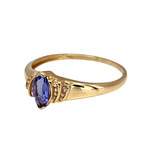 Preowned 9ct Yellow Gold Diamond & Tanzanite Set Ring in size R with the weight 1.60 grams. The tanzanite stone is 6mm by 4mm