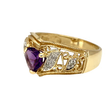 Load image into Gallery viewer, Preowned 9ct Yellow and White Gold Diamond &amp; Amethyst Set Heart Band Ring in size M with the weight 3.40 grams. The amethyst stone is 6mm diameter
