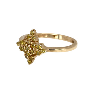 Preowned 9ct Yellow Gold & Yellow Diamond Set Star shaped Cluster Ring in size N with the weight 2.30 grams. The front of the ring is 12mm high